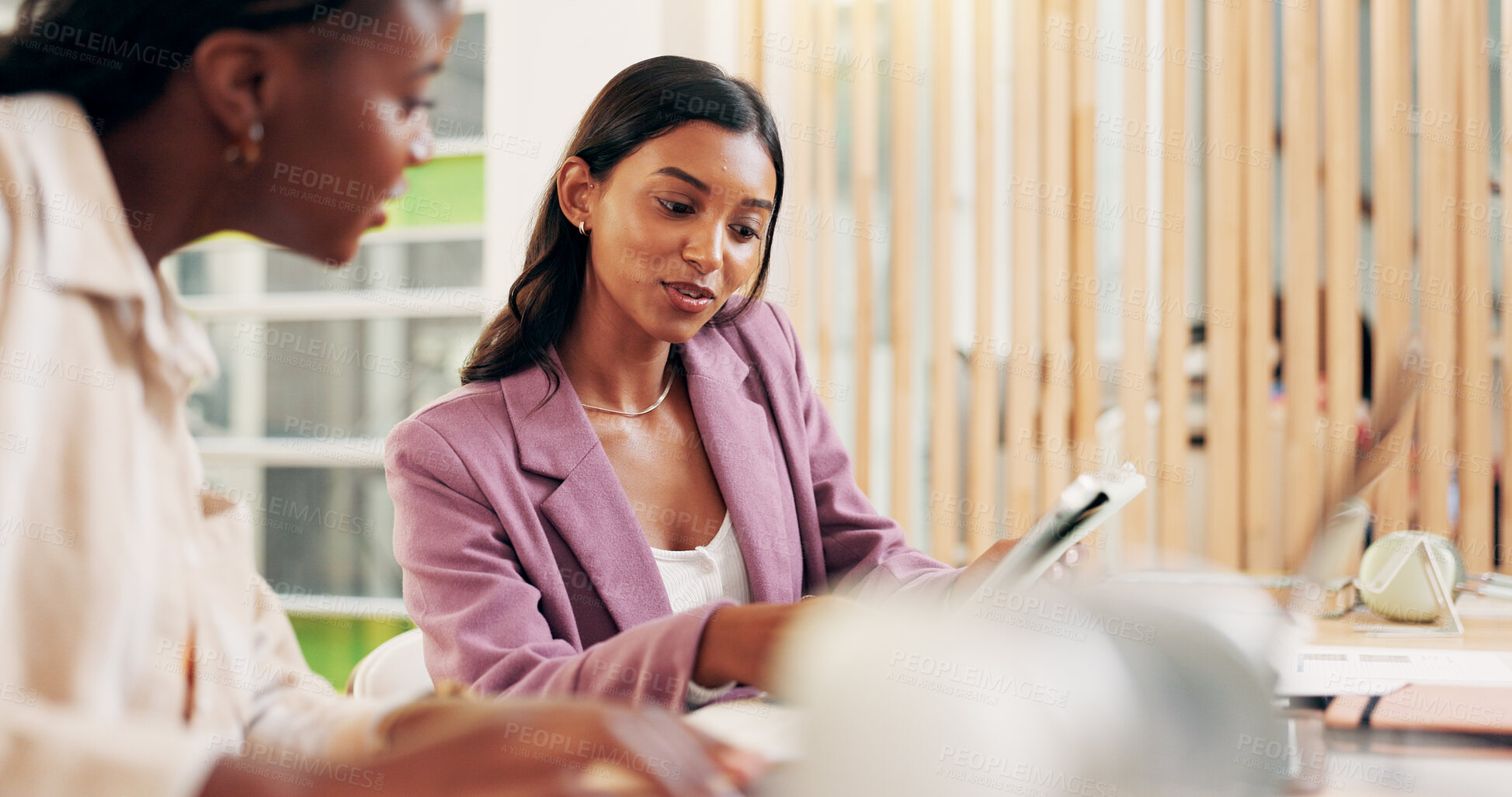 Buy stock photo Education, friends and woman with tablet, classroom and showing info for exam, studying and teamwork. Happy, students and people with tech for knowledge, collaboration and scholarship in college