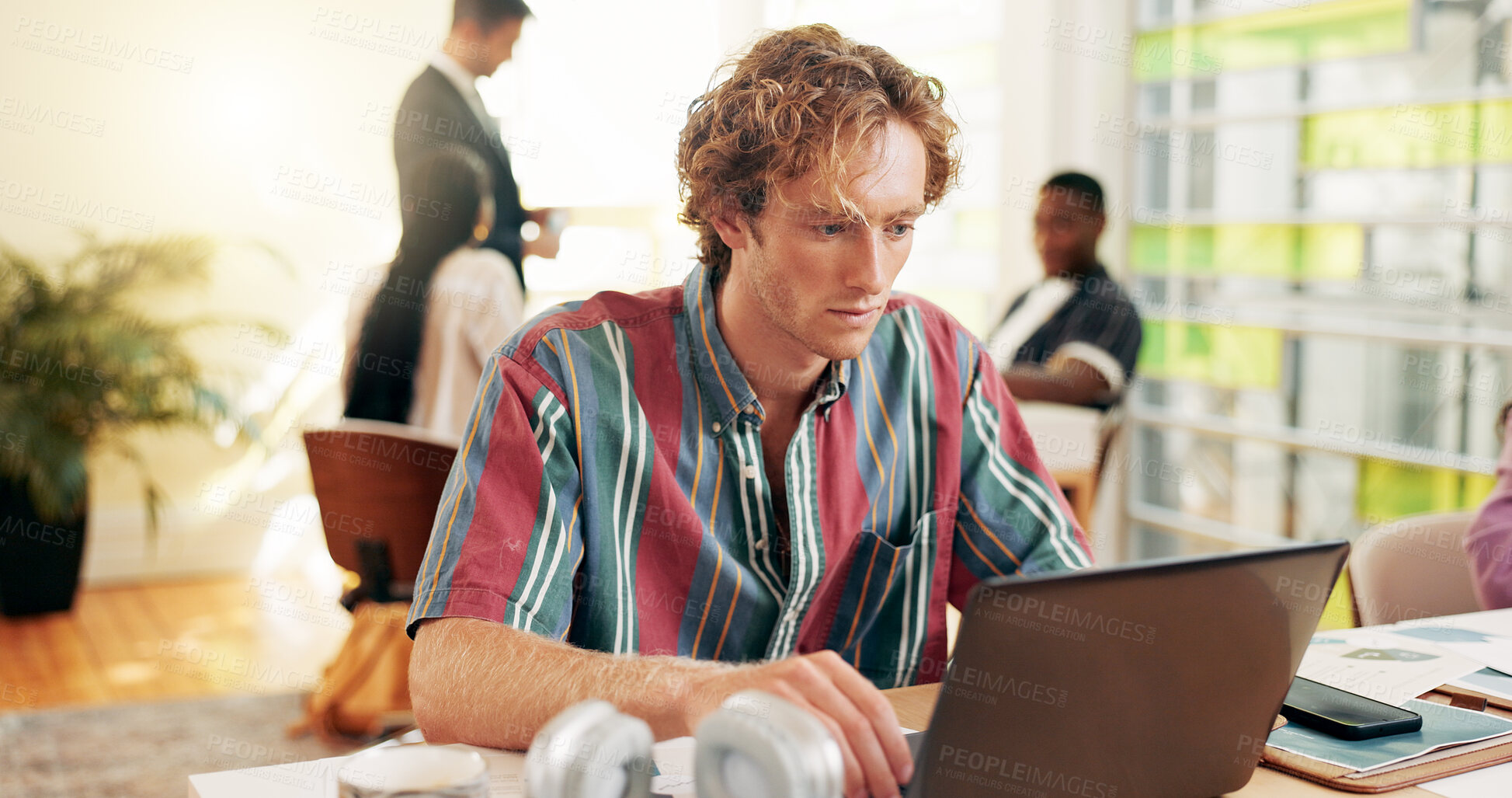 Buy stock photo Business, typing and man in office, laptop and internet with connection, creativity agency and online reading. People, graphic designer and employees in workplace, computer and web design for project