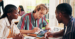 Teamwork, students or people on tablet for university exam in class with information, research or education. Studying, writing or project in college with school, technology or discussion for learning