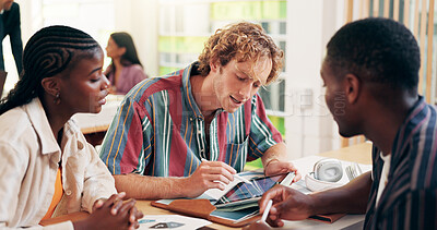 Buy stock photo Teamwork, students or people on tablet for university exam in class with information, research or education. Studying, writing or project in college with school, technology or discussion for learning