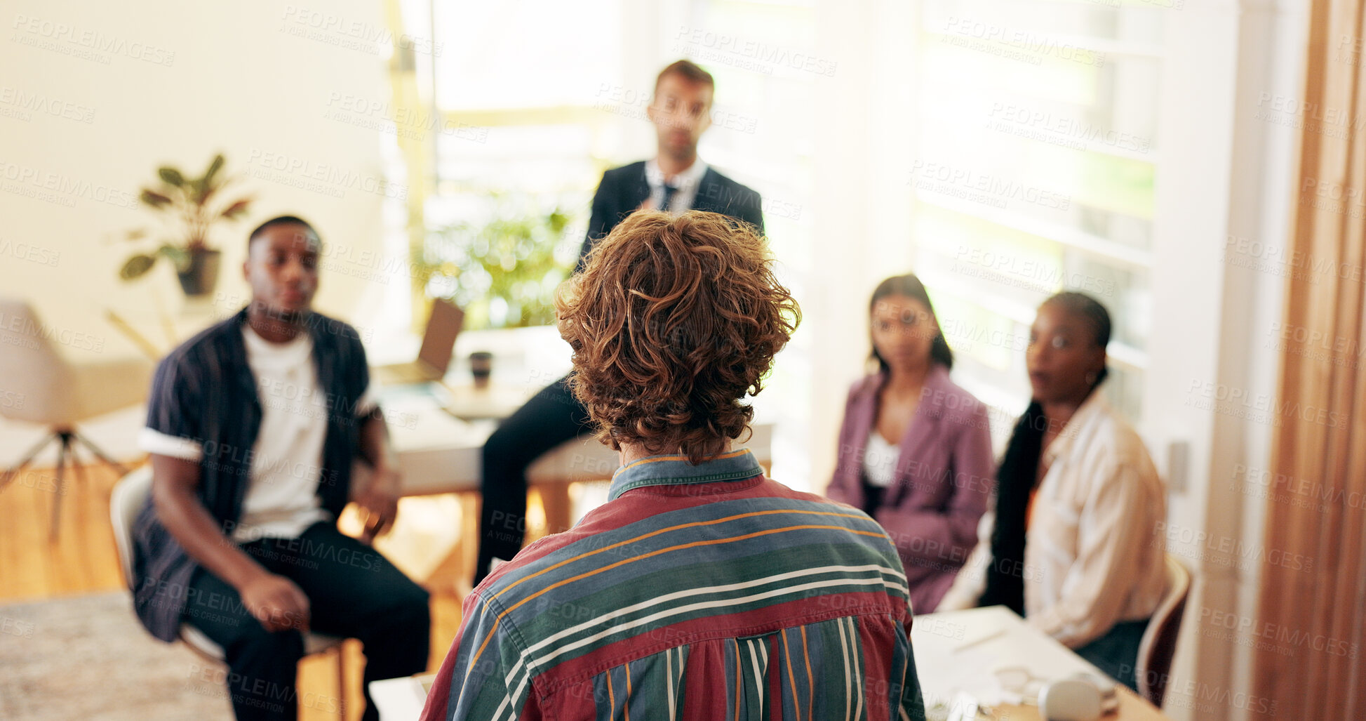 Buy stock photo Teamwork, meeting and business people in office, conversation and planning for project. Productivity, journalist and coworking with presentation for article, feedback and review with magazine editor