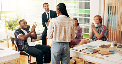 Buy stock photo Mentor, applause and meeting with business people in office for internship program, training and success. Support, collaboration and help with group of employees in agency for coaching and winner