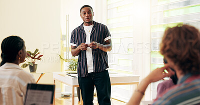 Buy stock photo Confident, presentation and man in classroom, education and notes for speech in college or communication. Happy, speaker and person with info for assignment, talking and learning in university