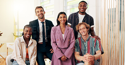 Buy stock photo Mentor, teamwork and portrait with business people in office for internship program, training and learning. Advisor, collaboration and help with group of employees in agency for coaching and feedback