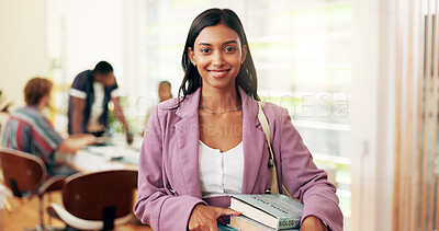 Buy stock photo University student, girl and portrait with smile, books and bag for back to school, learning or development. Person, woman and excited for scholarship, ready and happy for education in college hall