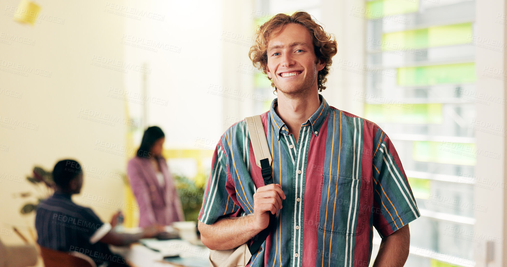 Buy stock photo University student, man and portrait with backpack, smile and ready for back to school, learning or development. Person, pride and confident with scholarship, education and happy with bag at college
