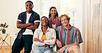 Group, college student and happy in portrait, classroom and excited for development, scholarship or education. People, friends and together at campus for learning, study and solidarity at university