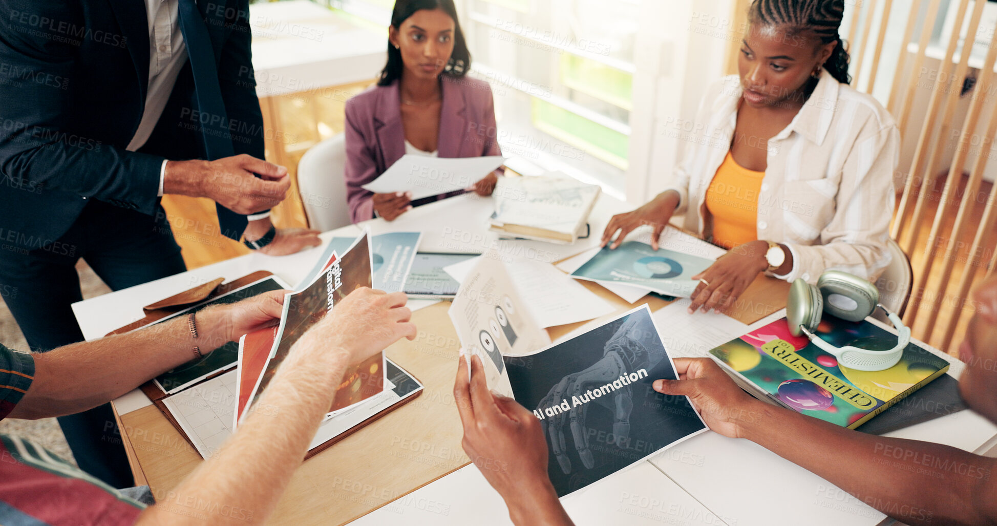 Buy stock photo Planning, project and business people in meeting with image for ai automation or iot networking. Machine learning agency, teamwork and strategy for research budget, system info update or discussion