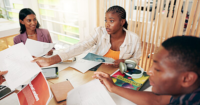 Buy stock photo Group, student or people with paperwork for university exam in classroom with school, research or education. Help, module or meeting for giving documents in college for project, learning or teamwork