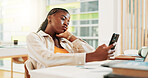 Bored, student and woman with smartphone, university and waiting for exam results in classroom or online. Tired, college and black person with mobile for research, scholarship and browsing on website