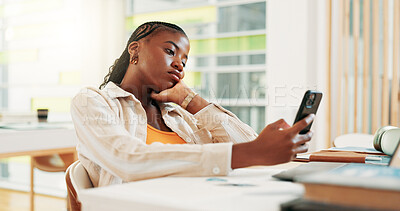 Buy stock photo Bored, student and woman with smartphone, university and waiting for exam results in classroom or online. Tired, college and black person with mobile for research, scholarship and browsing on website
