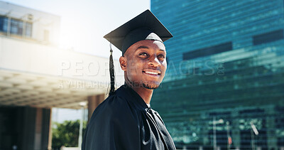Buy stock photo City, graduation and thinking with black man student outdoor for celebration or education event. Future, idea and scholarship with happy college or university graduate in urban town for vision
