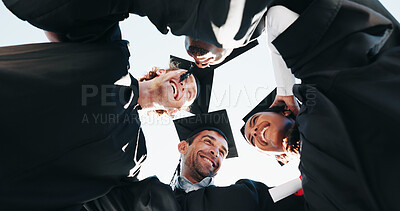 Buy stock photo Graduation, huddle and success with student friends, outdoor for celebration or education event. Certificate, future and scholarship with excited college or university graduate in circle from below
