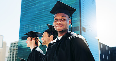 Buy stock photo City, portrait and student with man graduate outdoor for celebration or education event. Future, scholarship and smile with happy person in urban town for college or university graduation ceremony