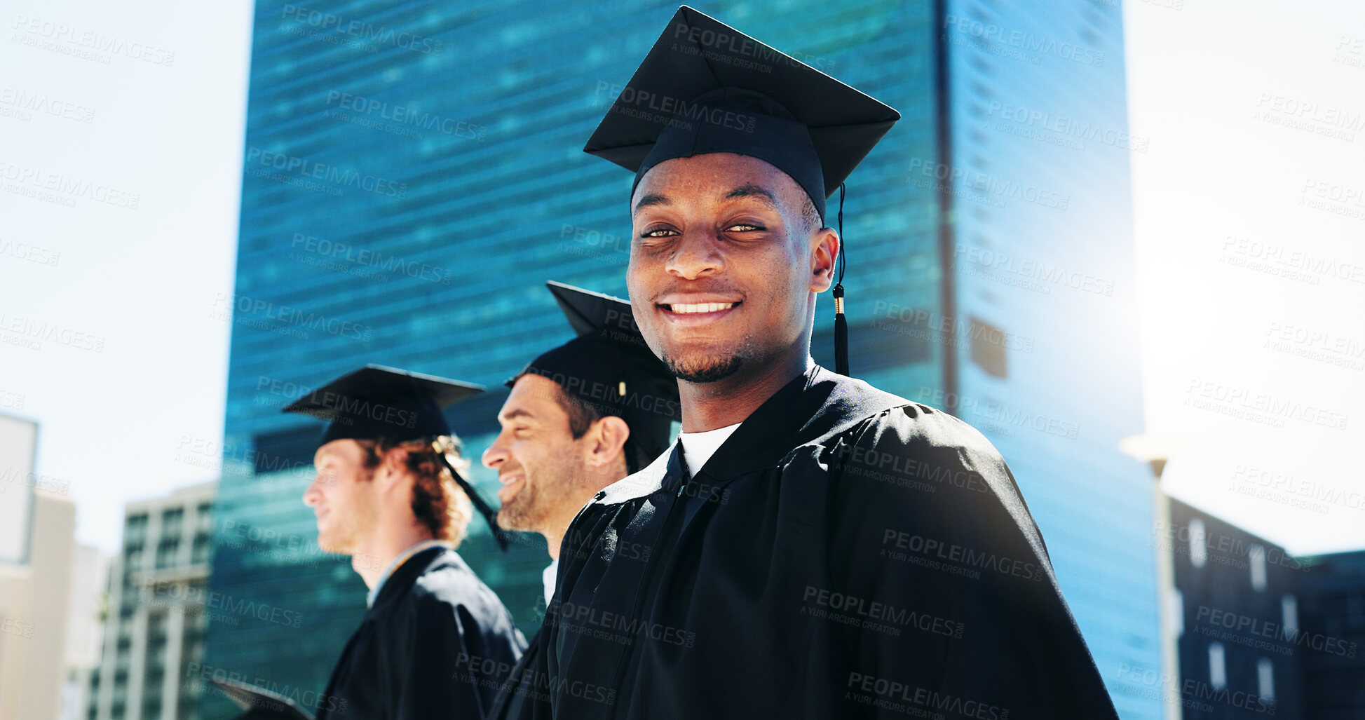 Buy stock photo City, portrait and student with man graduate outdoor for celebration or education event. Future, scholarship and smile with happy person in urban town for college or university graduation ceremony