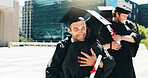 City, graduation and hugging with student friends outdoor for celebration or education event. Certificate, embracing and future with happy college or university graduates in urban town for milestone