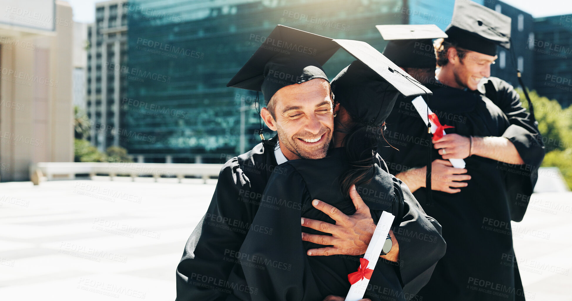 Buy stock photo City, graduation and hugging with student friends outdoor for celebration or education event. Certificate, embracing and future with happy college or university graduate people downtown for milestone