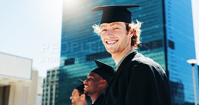 Buy stock photo Building, graduation and portrait of man student outdoor for celebration or education event. City, future and scholarship with happy college or university graduate in urban town for milestone