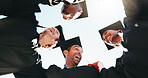 Excited, huddle and student with group of friends outdoor for celebration or education event. Future, laughing and scholarship with happy college or university graduates in circle from below