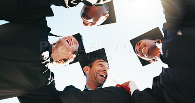 Buy stock photo Excited, huddle and student with group of friends outdoor for celebration or education event. Future, laughing and scholarship with happy college or university graduates in circle from below