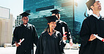 City, graduation and smile with group of students outdoor for celebration or education event. Certificate, future and scholarship with happy friends in urban town for college or university milestone