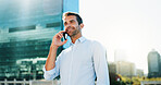 News, happy or businessman in city with phone call for finance update, economy or chat. Outdoor, urban town or financial advisor with smile, feedback or mobile communication for appointment schedule