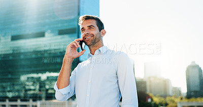 Buy stock photo News, happy or businessman in city with phone call for finance update, economy or chat. Outdoor, urban town or financial advisor with smile, feedback or mobile communication for appointment schedule