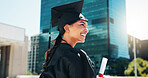 City, graduation and thinking with woman student outdoor for celebration or education event. Certificate, future and scholarship with smile of college or university graduate downtown for milestone