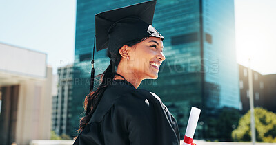 Buy stock photo City, graduation and thinking with woman student outdoor for celebration or education event. Certificate, future and scholarship with smile of college or university graduate downtown for milestone
