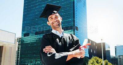 Buy stock photo Portrait, outdoor and man with graduation, arms crossed and smile with diploma, urban town or success. Face, happy person or student with achievement, university or scholarship with certificate award
