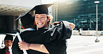 City, graduation and student friends hugging outdoor for celebration or education event. Certificate, scholarship and smile with happy college or university graduates embracing downtown for milestone