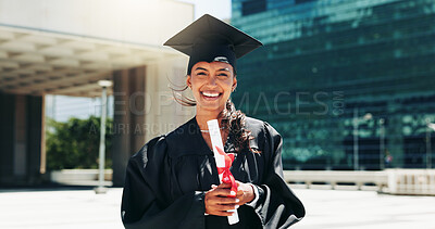 Buy stock photo Portrait, outdoor and woman with graduation, diploma and smile with urban town, university or education. Face, happy person and student with achievement, scholarship success and certificate award