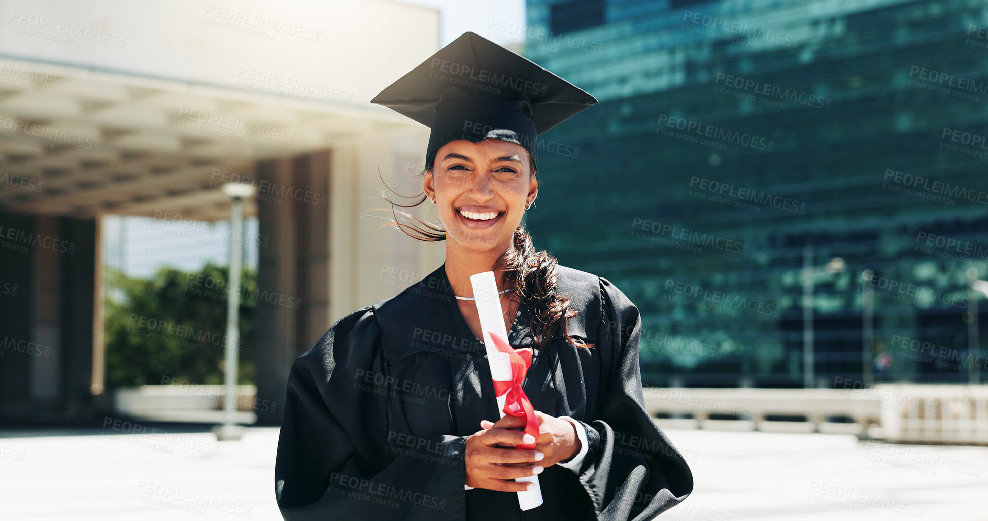 Buy stock photo Portrait, outdoor and woman with graduation, diploma and smile with urban town, university or education. Face, happy person and student with achievement, scholarship success and certificate award