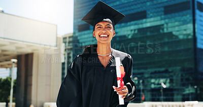 Buy stock photo Portrait, outdoor and woman with graduation, university and smile with diploma, education or success. Face, happy person or student with achievement, certificate award or scholarship with ceremony
