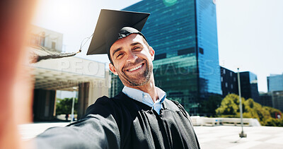 Buy stock photo City, graduation and selfie of man student outdoor for celebration or education event. Future, scholarship and social media with happy college or university graduate in urban town for profile picture