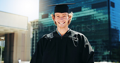 Buy stock photo City, portrait and student with of graduate man outdoor for celebration or education event. Future, scholarship and smile with happy college or university in urban town for graduation or milestone