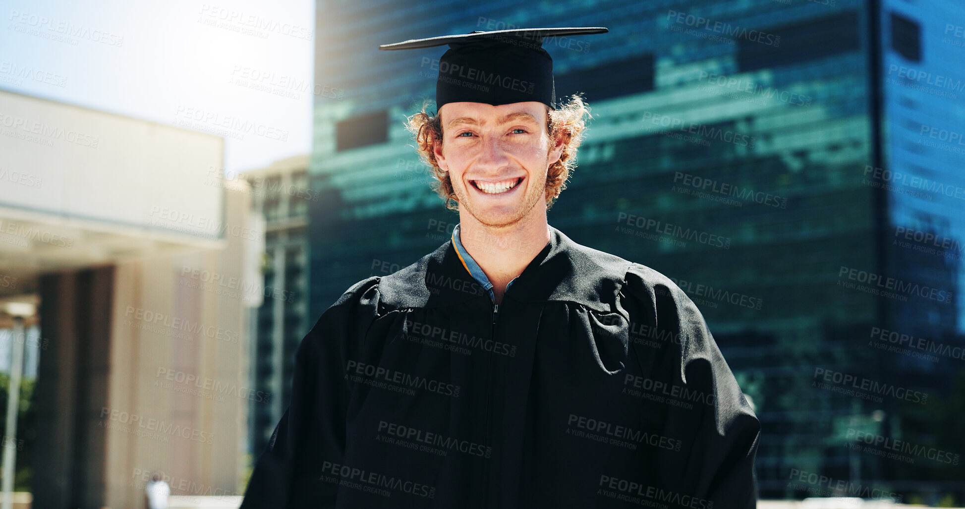 Buy stock photo City, portrait and student with of graduate man outdoor for celebration or education event. Future, scholarship and smile with happy college or university in urban town for graduation or milestone