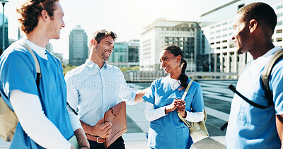 Buy stock photo Happy, professor and group students in city for medical study, nursing program and healthcare opportunity. People, teacher and discussion of morning commute, learning internship and university course