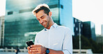 News, happy or businessman in city with phone or online connection for text message or social media chat. Outdoor, check or financial advisor with smile or mobile app for reading schedule or update