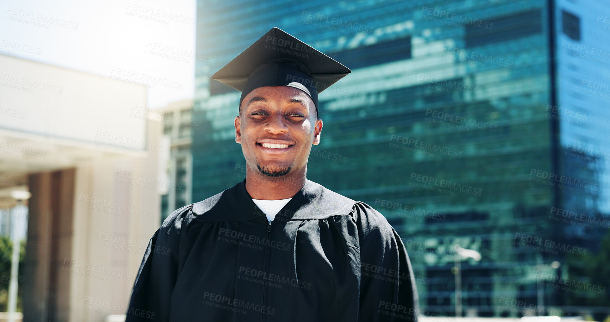 Buy stock photo City, graduation and portrait of black man student outdoor for celebration or education event. Success, future and scholarship with African college or university graduate downtown for milestone