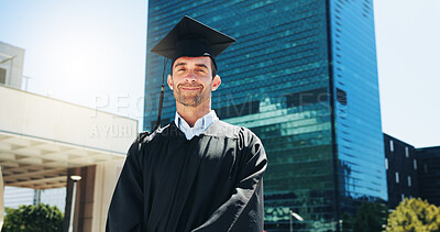Buy stock photo City, graduation and portrait of man student outdoor for celebration or education event. Future, scholarship and success with happy college or university graduate in urban town for milestone