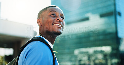 Buy stock photo Happy, black man and thinking student in city for medical study, planning and healthcare opportunity. Smile, person or morning commute of learning internship, academic scholarship and nursing program