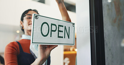 Buy stock photo Open sign, cafe and woman in small business, door and entrepreneur with new store, welcome and smile. Startup, retail and person with poster for coffee shop, server and advertisement for entrance