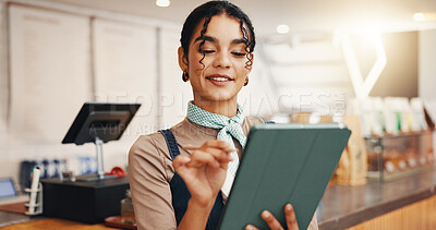 Buy stock photo Employee, smile and woman in cafe, tablet and ecommerce with online booking. Inventory, restaurant or business owner in coffee shop, tech or supply chain with digital app for menu or friendly service