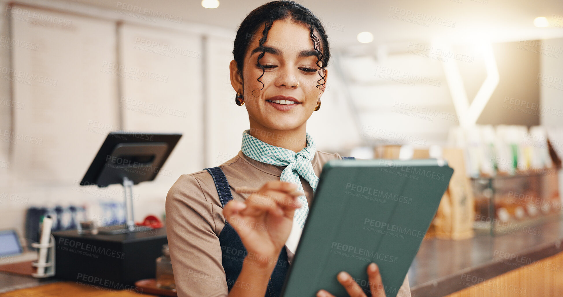 Buy stock photo Employee, smile and woman in cafe, tablet and ecommerce with online booking. Inventory, restaurant or business owner in coffee shop, tech or supply chain with digital app for menu or friendly service
