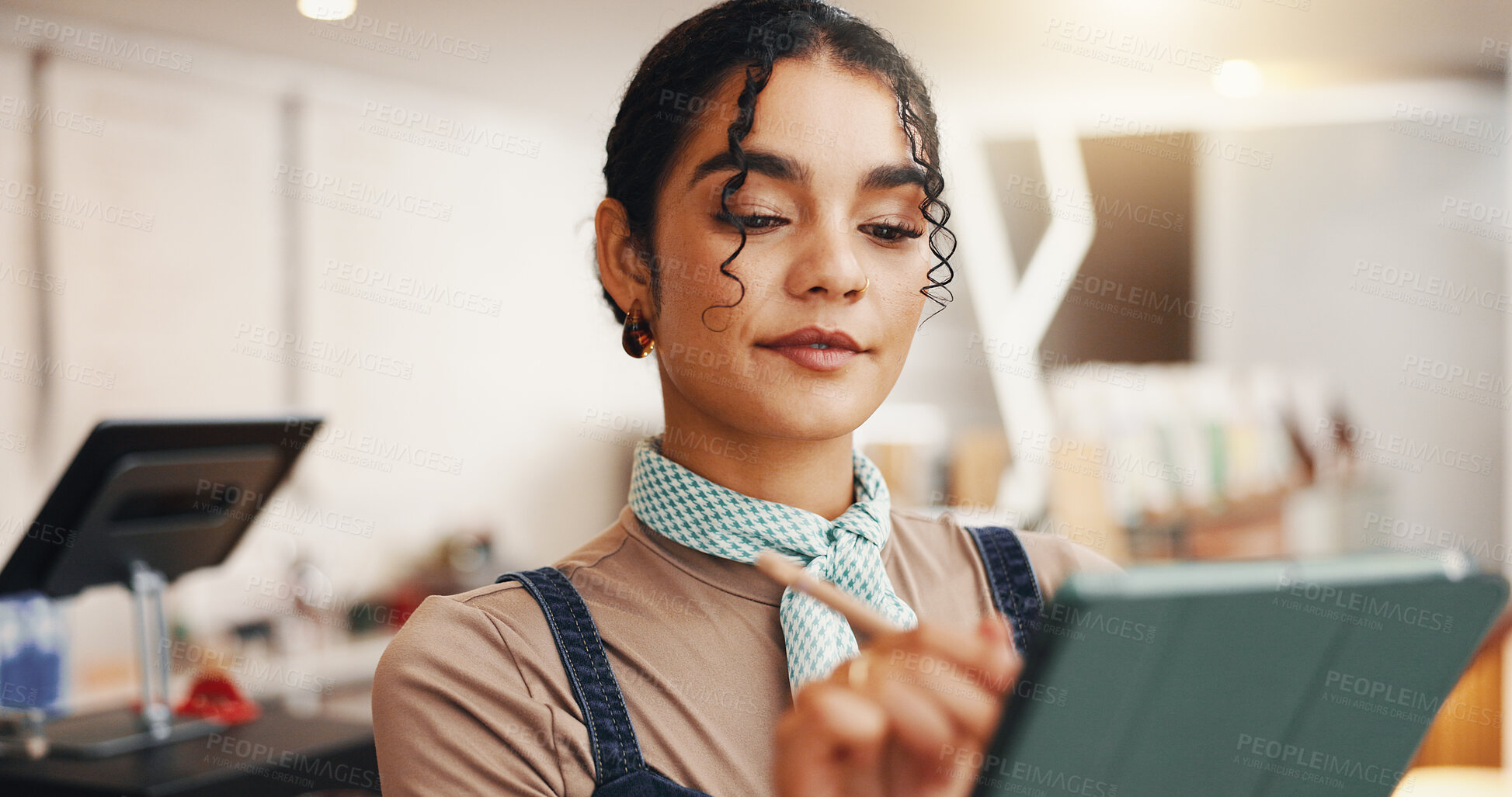 Buy stock photo Employee, stylus and woman in coffee shop, tablet and check inventory with ecommerce. Person, restaurant host and business owner in cafe, tech or online order with digital app for menu or hospitality