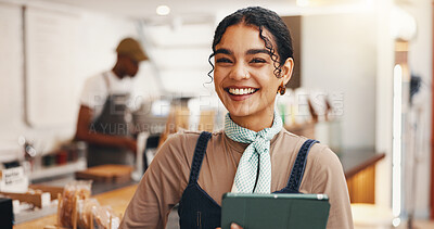 Buy stock photo Tablet, portrait and smile with woman in cafe for inventory checklist, restaurant stock order and small business. Hospitality, store and menu planning with person in coffee shop for barista sales