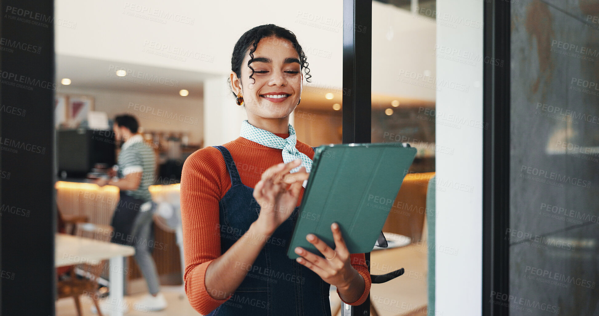 Buy stock photo Employee, internet and woman in cafe, tablet and friendly service with online booking. Person, restaurant host and business owner in coffee shop, tech and network with digital app for menu and smile