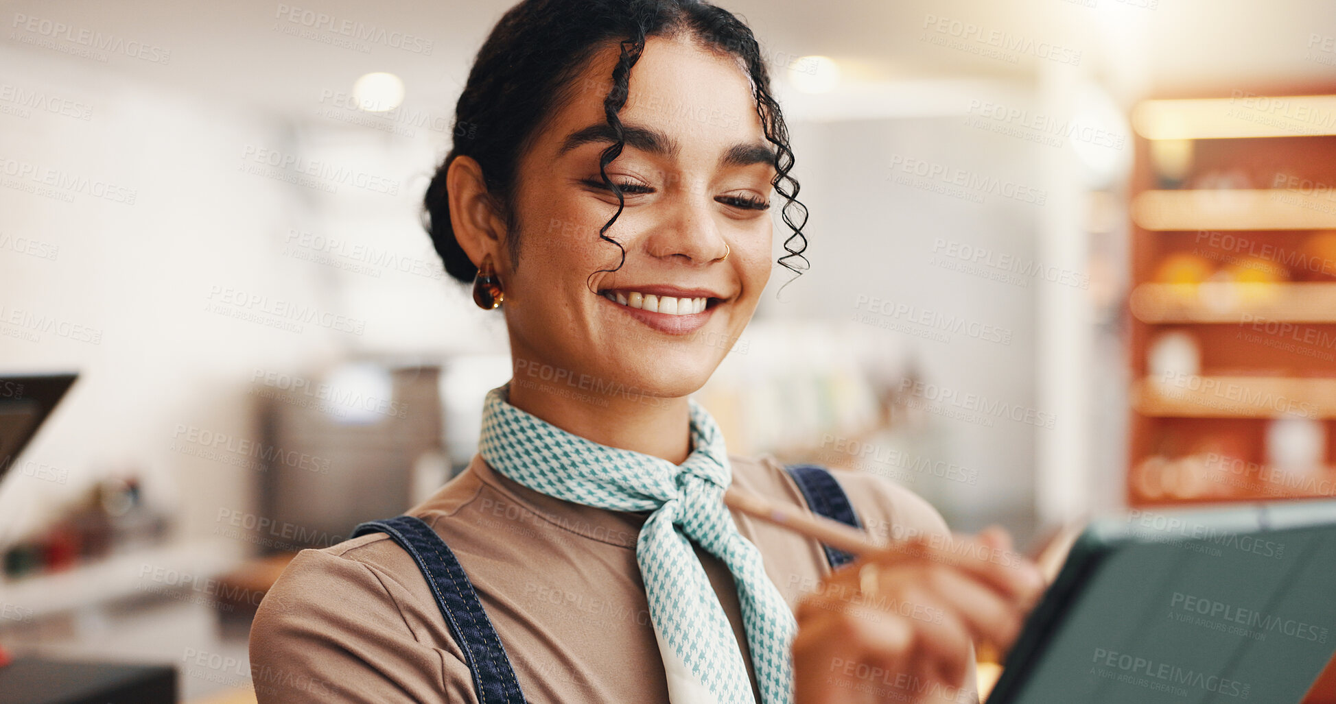Buy stock photo Employee, stylus and woman in cafe, tablet and friendly service with online booking. Smile, restaurant host and happy business owner with tech, hospitality and internet with app for menu or ecommerce