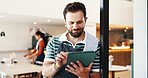 Employee, connection and man in cafe, tablet and hospitality with online booking. Person, restaurant and business owner in coffee shop, tech or check inventory with digital app for menu and network